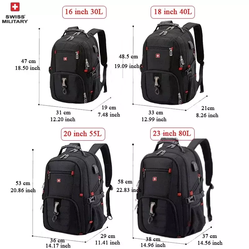 Mochila portátil Swiss-impermeável com porta de carga USB, saco multifuncional para caminhadas e viagens, 17 polegadas