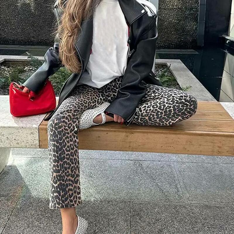Calças femininas estampa de leopardo de perna larga, calças elásticas de cintura média, verão, trabalho, roupa de lazer