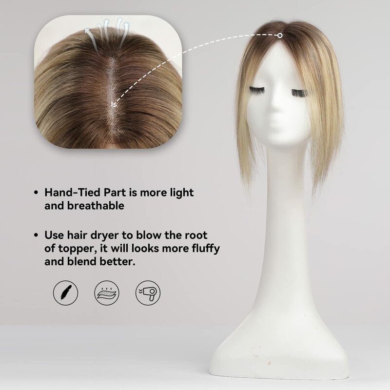 Toppers de cabello humano para mujer, piezas de cabello con Base de pelo adelgazante, color marrón claro, Rubio degradado, parte media