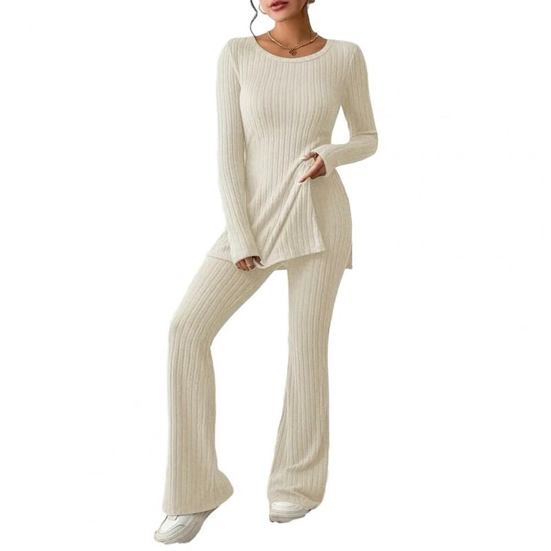 Women Suit Set Stylish Women's Knitted Two-piece Suit Set with Long Sleeve Ribbed Top High Waist Flared Trousers for Fall