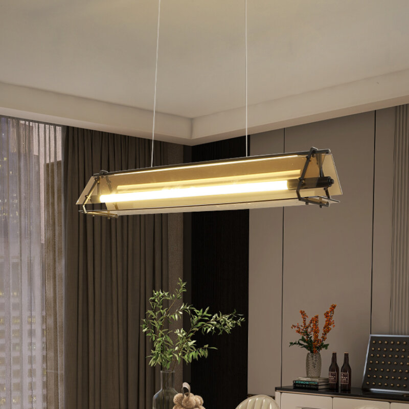 Cyan Glass Pendant Lamp Nordic Simple LED Light for Dining Room Kitchen Bar Office Cafe Hanging Lighting  Long Strip Chandelier