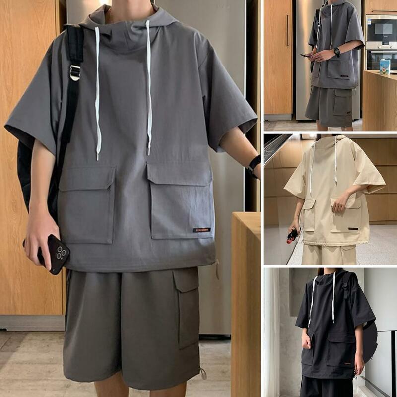 Couple Sports Suit Hooded T-shirt Drawstring Shorts Set for Unisex Solid Color Loose Fit Outfit with Elastic Waist Short Sleeve