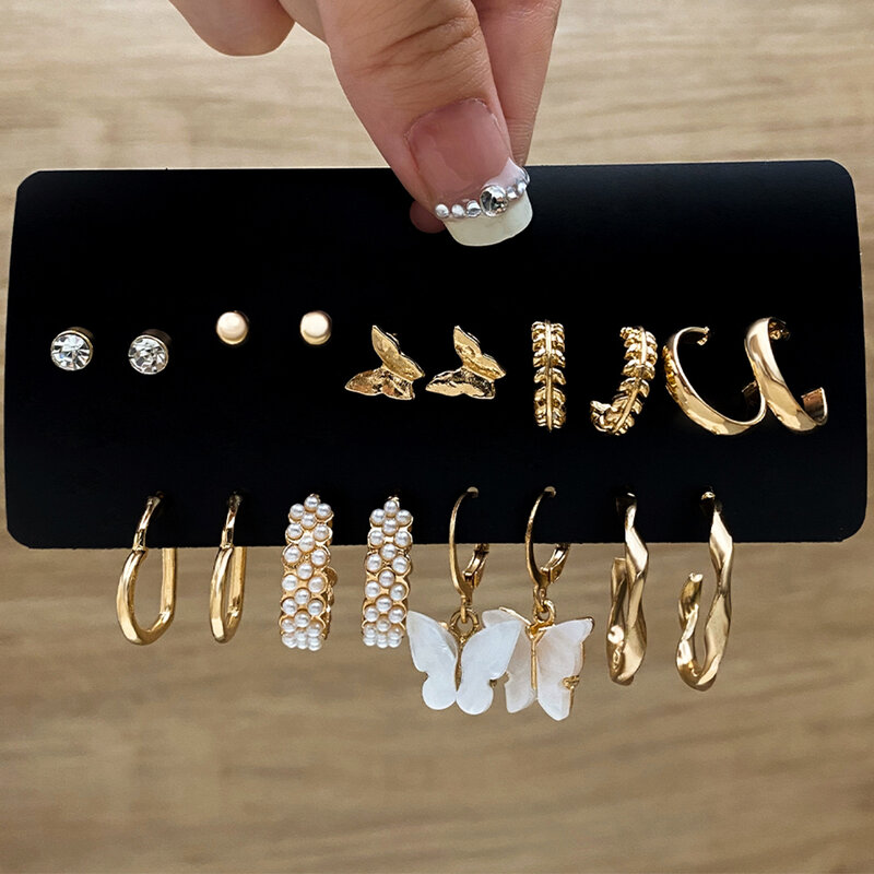 Conjunto de brincos cor dourada para mulheres, geométrica pérola borboleta, orelha de trigo, metal simples, redondo, joias de festa, moda, 2022