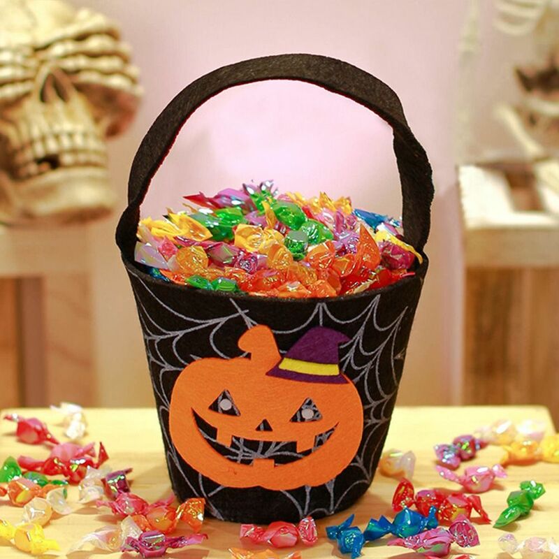 Tas permen Halloween kapasitas besar lucu dengan pegangan trik atau perawatan tas tangan labu tas Loot siang Halloween bahagia anak-anak