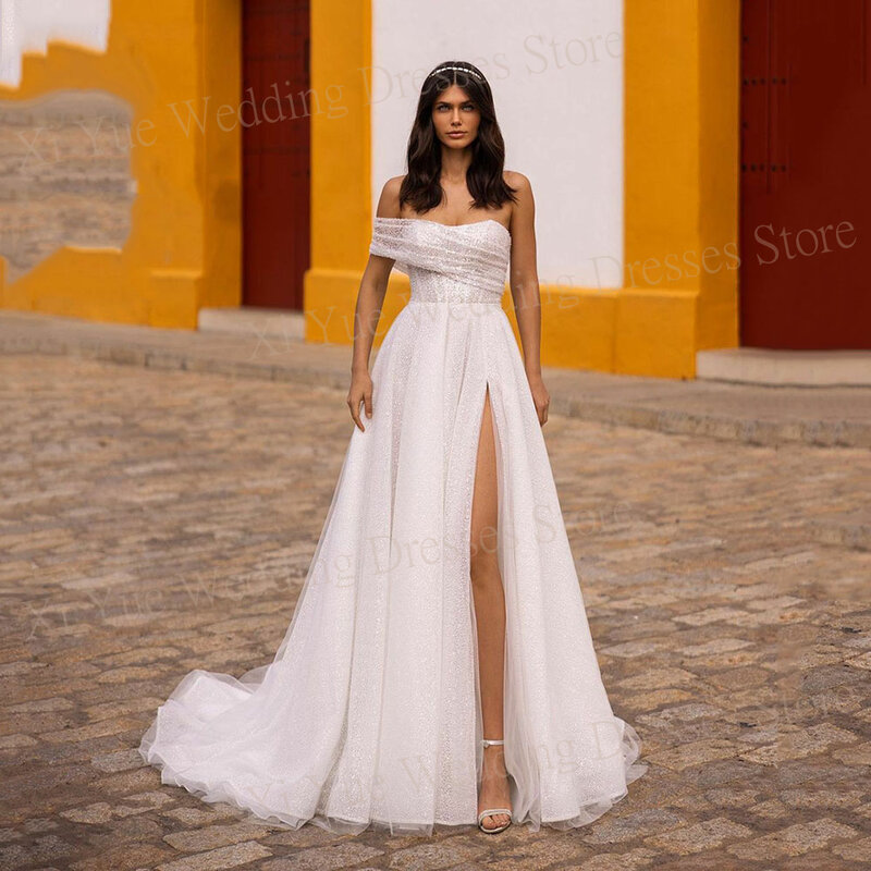 Bohemia Shiny Tulle Wedding Dresses Modern A Line One Shoulder Lace Up Bride Gowns With High Sexy Side Split Vestidos De Noivas