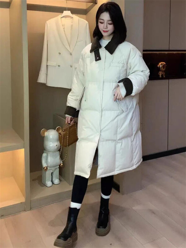 Korean Style Splicing Mid Length Lapel Down  for Women in Winter, Thickened and Warm, With a Luxurious Sense of Bread Jacket