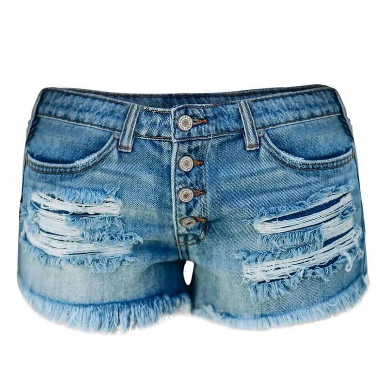 Celana pendek wanita, celana pendek Denim kasual serbaguna dengan saku, Jeans pinggang tinggi pemecah lubang, mode musim panas