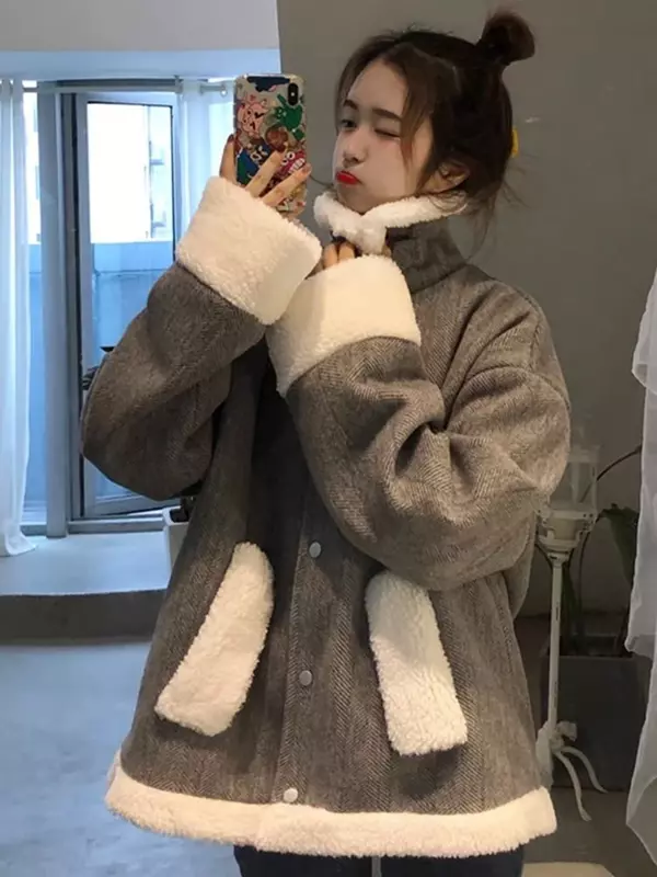 Streetwear Retro Faux jagnięce płaszcze Harajuku luźne damskie patchworkowe kurtka koreańska prosty długi rękaw wysokiej jakości odzież wierzchnia