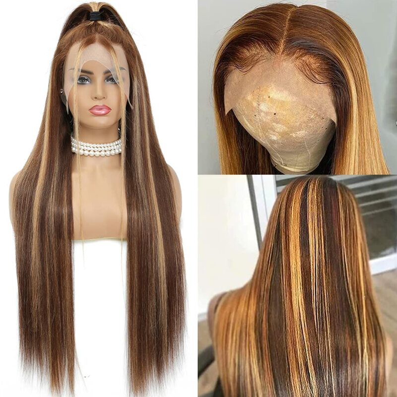 Peluca de cabello humano liso para mujeres negras, postizo de encaje frontal degradado, color rubio miel, parte libre, HD transparente