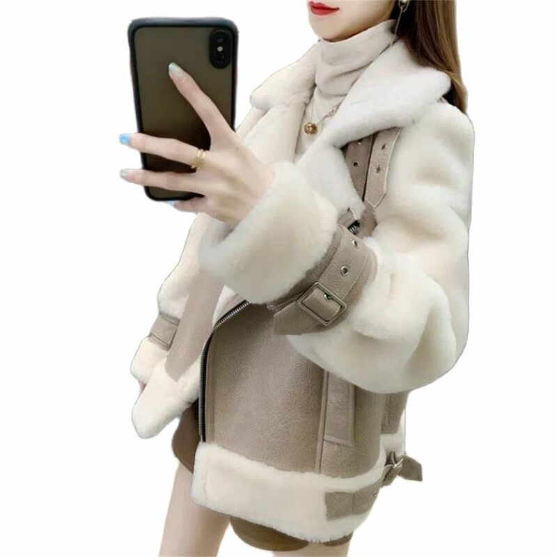 Winter Fur Outerwear Women Faux Rabbit Fur Jackets Thick Warm Motorcycle Zipper Coat Lady Wool Liner Casual Autumn Windbreaker