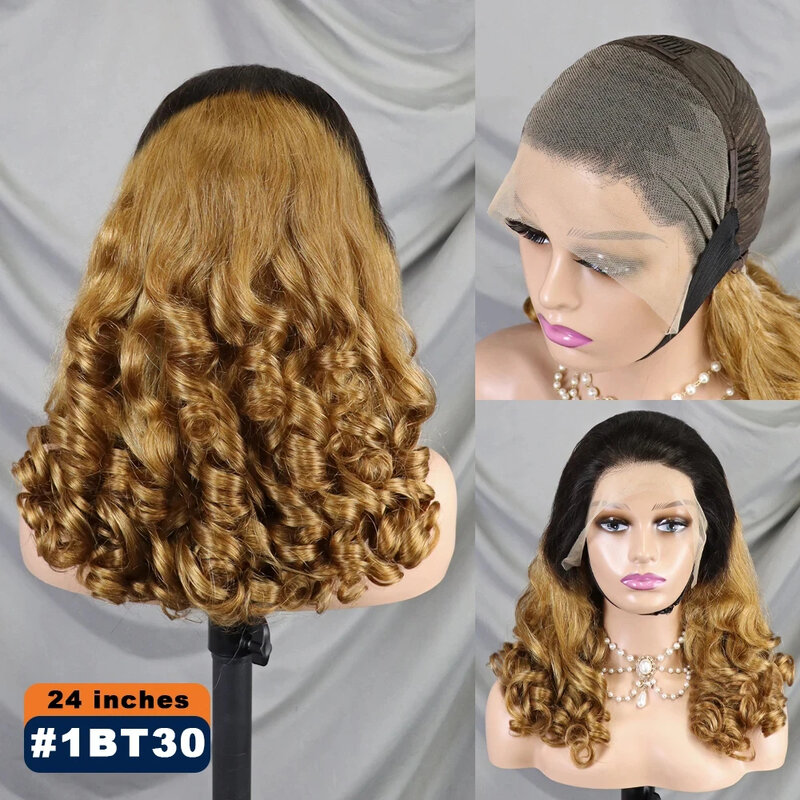 女性のための自然な巻き毛の人間の髪の毛のかつら,レミーの事前に摘み取られたヘアエクステンション,ルーウェーブ,透明なレース,HD,劣化した色,密度300%,24インチ,13x4