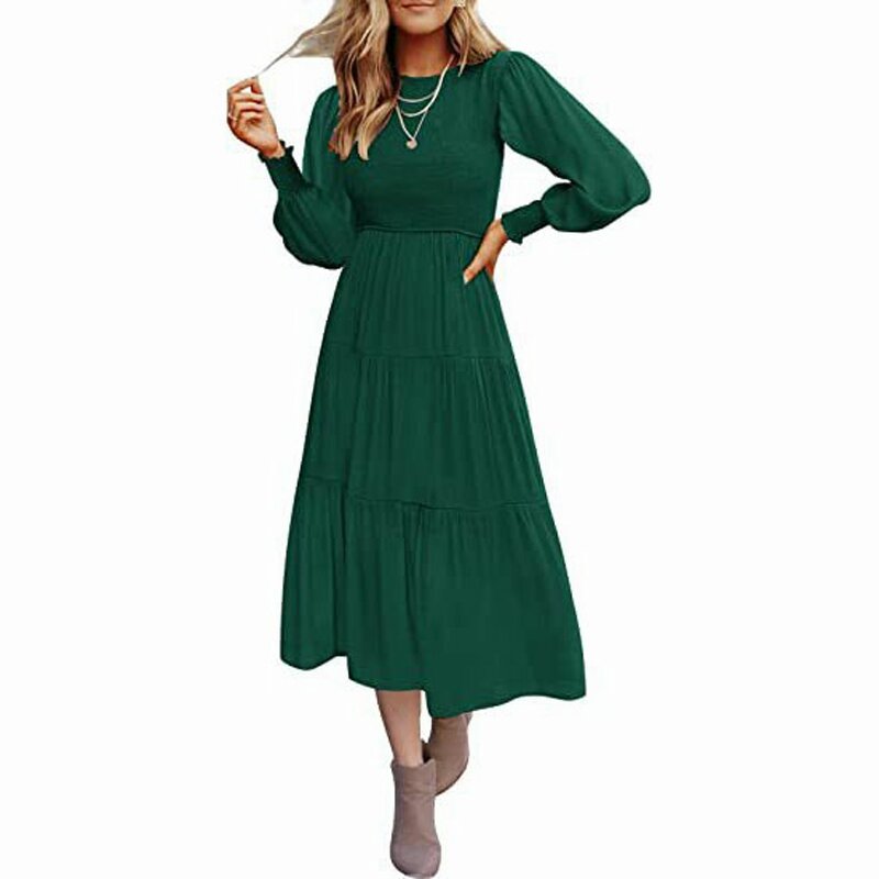 Women Round Neck Dress Elegant and Comfortable for Female Business Meeting Long Sleeve Maxi Dress