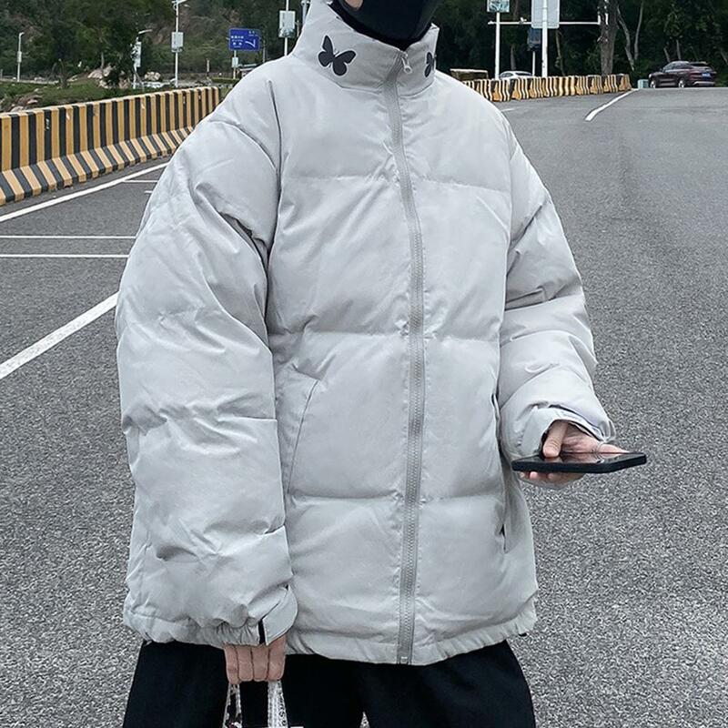 Casaco de algodão acolchoado masculino com proteção para o pescoço, casaco à prova de vento, espessado, resistente ao frio, bolsos, longo, casual, inverno