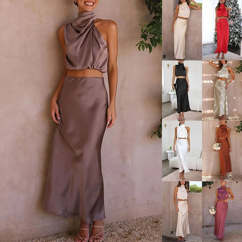 Women's Summer Long Formal Satin Dress Mock Neck Sleeveless Side Slit Flowy Maxi Tank Two Pieces  Top And Skirt