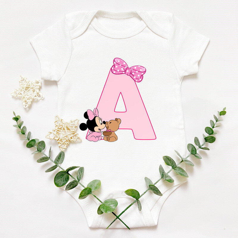 Bonito Minnie Mouse Bodysuit para bebê, nome personalizado, impressão de combinação de letras, macacão de algodão, fonte A B C D E F G, manga curta