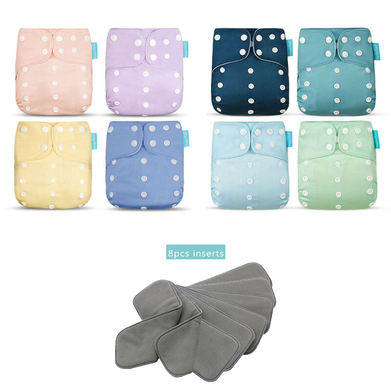 Mod Yflute-Ensemble de couches de poche pour bébé, couches réglables, insert en charbon de bambou, couche lavable imperméable et réutilisable, nouveau, OS, 8 pièces