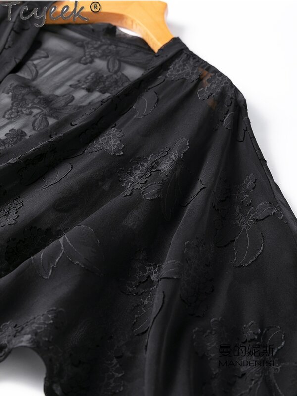 Tcyeek Spring Summer 100% Mulberry Silk Shawl Mid-length Black Cover-ups Sunscreen Clothing Female Cardigan Women's Windbreaker