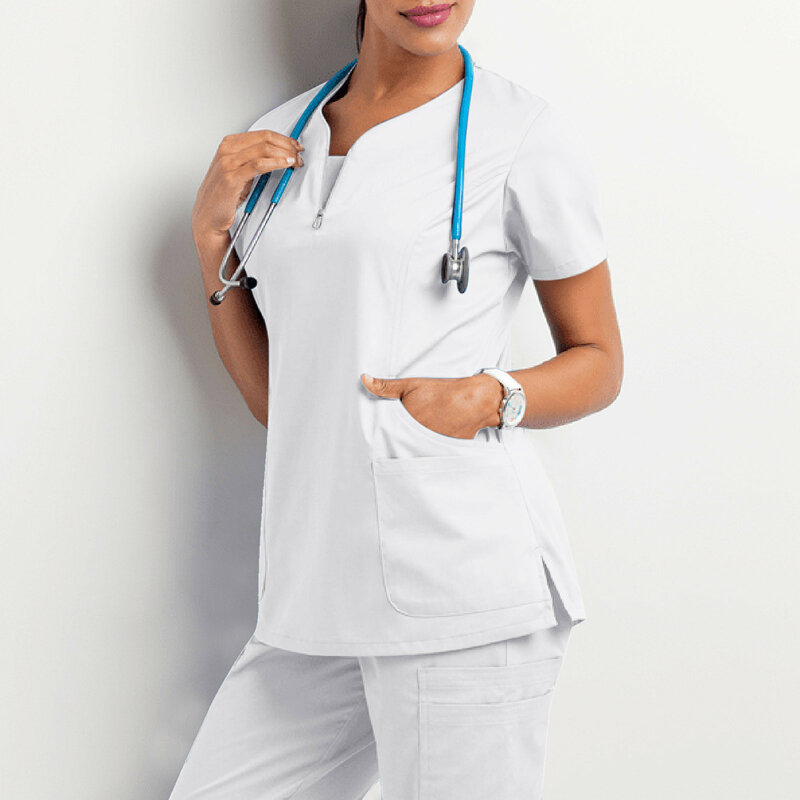 Tops de enfermera de manga corta con cuello en V para mujer, camiseta de trabajo, ropa de trabajo, Tops de moda de talla grande, uniforme de enfermera corto 2024