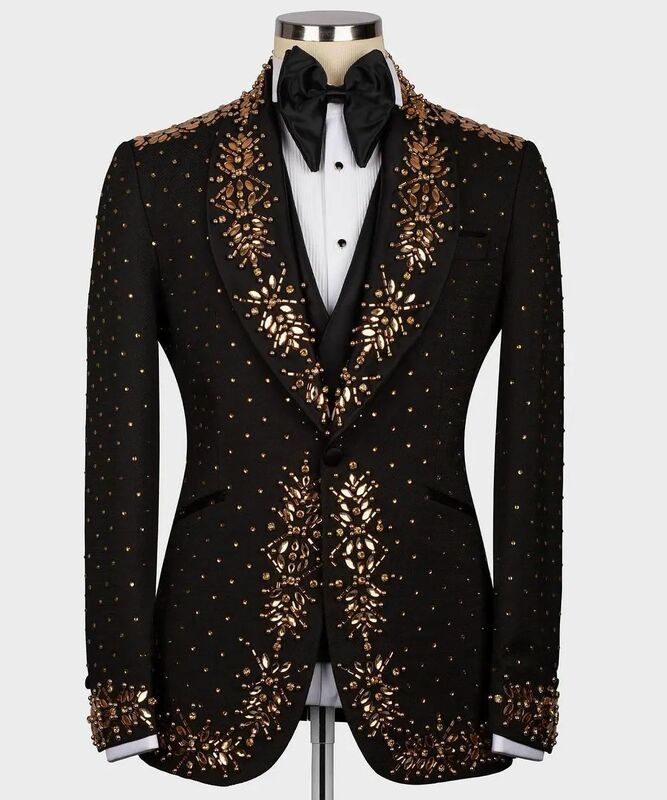 Setelan pakaian Pria Hitam 2 potong, Blazer + Celana mewah kristal buatan kustom, jaket Formal kantor, pesta pengantin pria, tuksedo pernikahan, mantel Prom