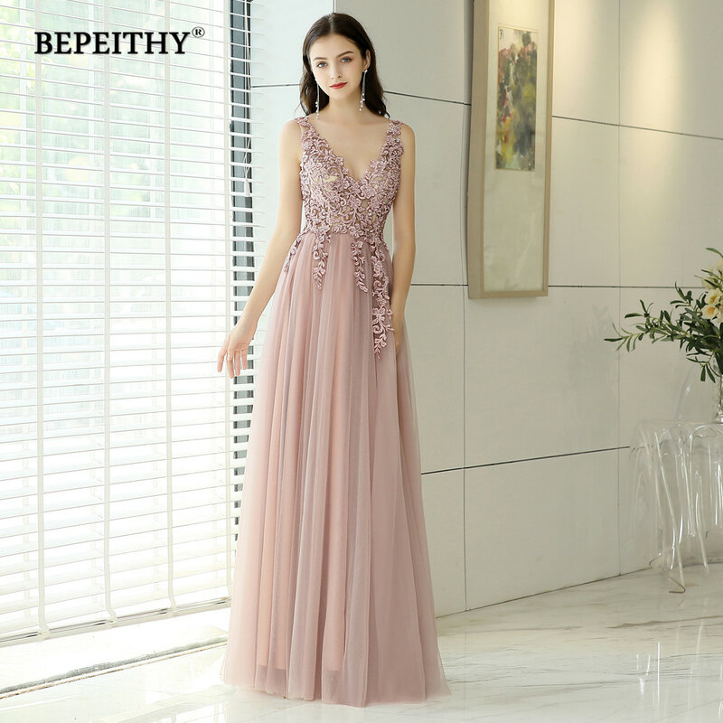 BEPEITHY 여성용 V넥 핑크 파티 드레스, 2023 절묘한 레이스 아플리케 슬릿 드레스, A 라인 무도회 드레스