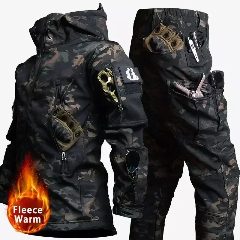 Tuta mimetica da uomo addensata invernale Set da allenamento tattico impermeabile giacca con cappuccio multitasche pantaloni in pile caccia all'aperto 2 pezzi