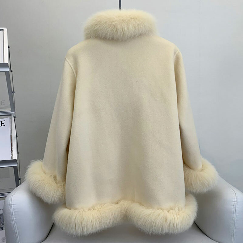 2024 Winter Solid Fox Fur Collar Poncho Coat Luxury Warm Women Cashmere Jacket Cute Thick Female Lace up Parkas Wollen Overcoat