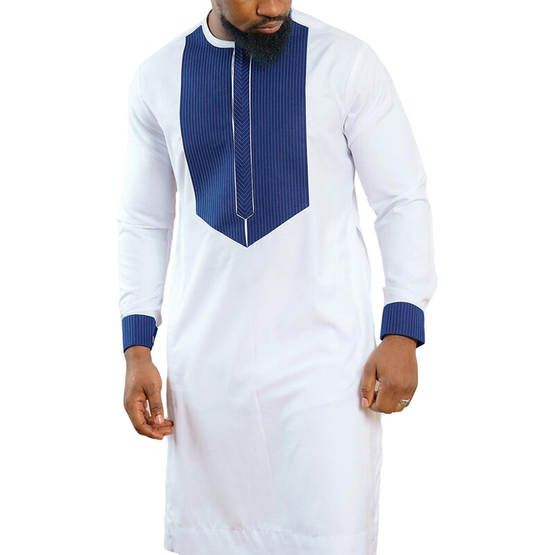 2 stücke muslimische Mode islamische Dubai Kleidung arabische Männer drucken Streifen Jubba Thobes Kurta Tops Hosen afrikanische lange Hemd Hosen Set