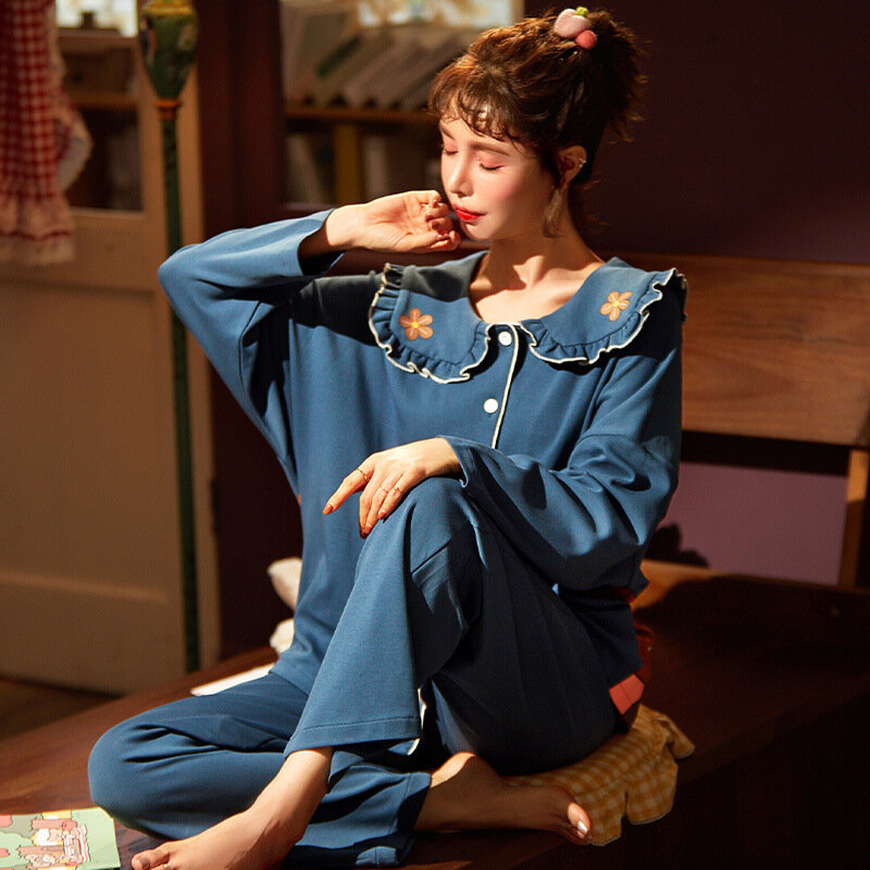 Herbst neue Pyjamas, Damen-Langarm-Strickjacke aus reiner Baumwolle, süßes und süßes Heim-Outfit-Set, kann äußerlich für ein Mädchen getragen werden