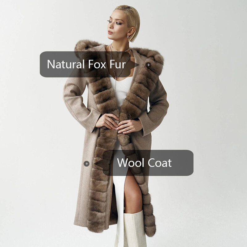 Шерстяные пальто для женщин, воротник с капюшоном из лисьего меха, новинка 2024, зимнее женское Шерстяное Пальто, роскошные меховые куртки