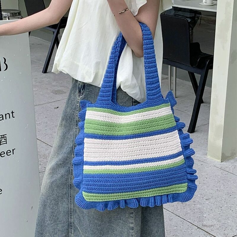 Stripe Pattern Shoulder Bag Fashion Knitted Large Capacity Tote Bags Reusable Shopping Bags Women Girls