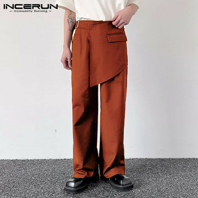 INCERUN celana panjang gaya Korea pria, bawahan S-5XL desain tidak teratur Solid santai Streetwear semua cocok 2024