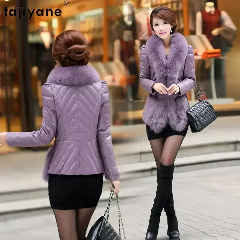 Tajiyane-Veste en cuir de mouton 100% véritable pour femme, manteau d'hiver court, col en fourrure de renard combiné, décontracté, nouveau