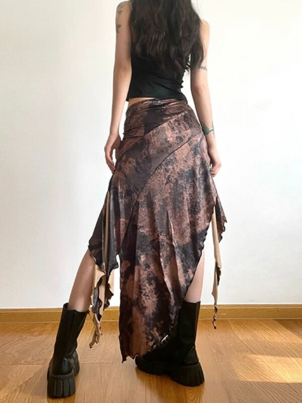HOUZHOU Vintage seksowna odzież uliczna wakacje spódnice damskie amerykańskie Retro Harajuku nieregularna potargana konstrukcja spódnica bandażowa lato 2024