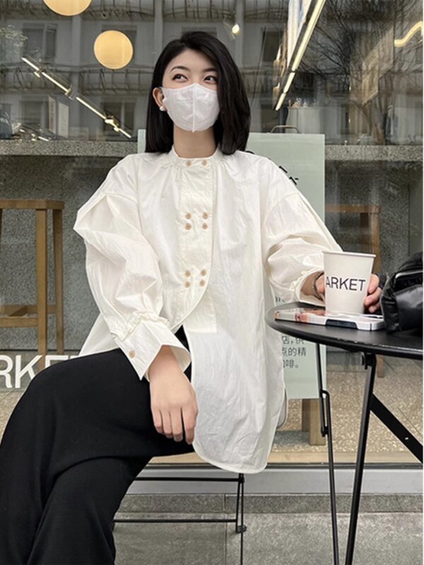 Wars OVacrouce-Chemise à double boutonnage de style chinois vintage, chemise blanche décontractée, col montant, plis, printemps, nouveau design de tempérament