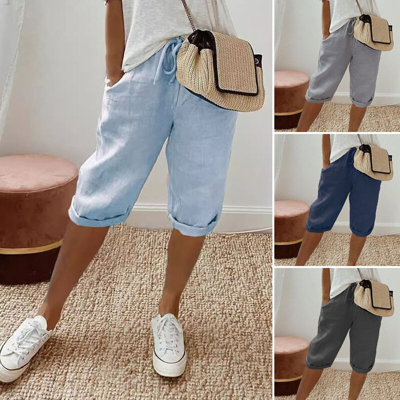 กางเกงเอวยืดได้สไตล์วินเทจกางเกงยาวถึงเข่าระบายอากาศได้ดีมีกระเป๋าสำหรับผู้หญิง celana Panjang Kolor เอวยางยืดสีพื้น