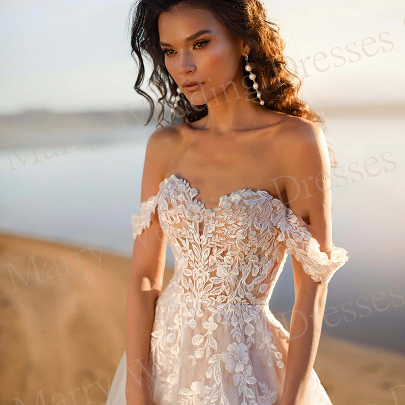 2024 Vintage charmante eine Linie Frauen Brautkleider Applikationen Spitze Braut Kleider von der Schulter Schatz Vestidos de Noche
