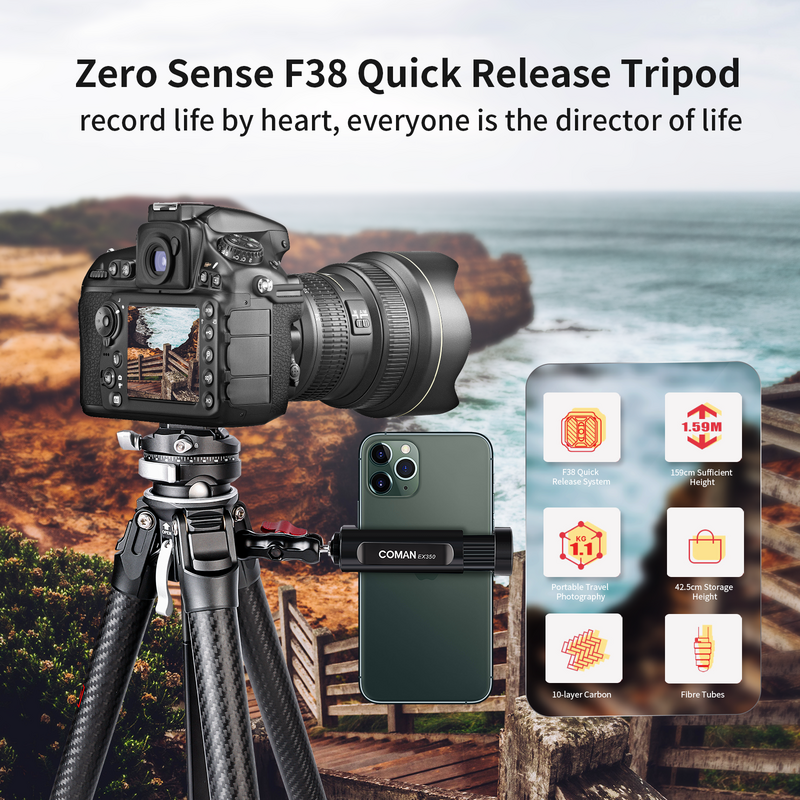 COMAN-Zero Professional Dslr Tripé De Câmera, Fibra De Carbono Leve Tripé De Viagem para Film Making Smartphone, carga máxima 39.6lbs, F38