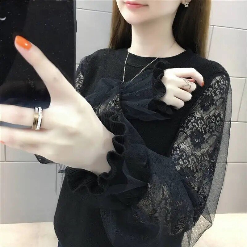 Flare Sleeve Pullovers Women Gauze Temper Elegant Knit Tops O-neck Ladies Vintage S-4XL Basics Korean Fashion Aesthetic Designer