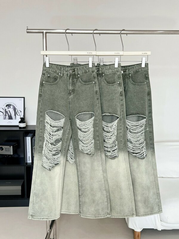 Szykowna Gradient damska dżinsy z szeroką nogawką rozerwana luźne proste dżinsy Streetwear z wysokim stanem
