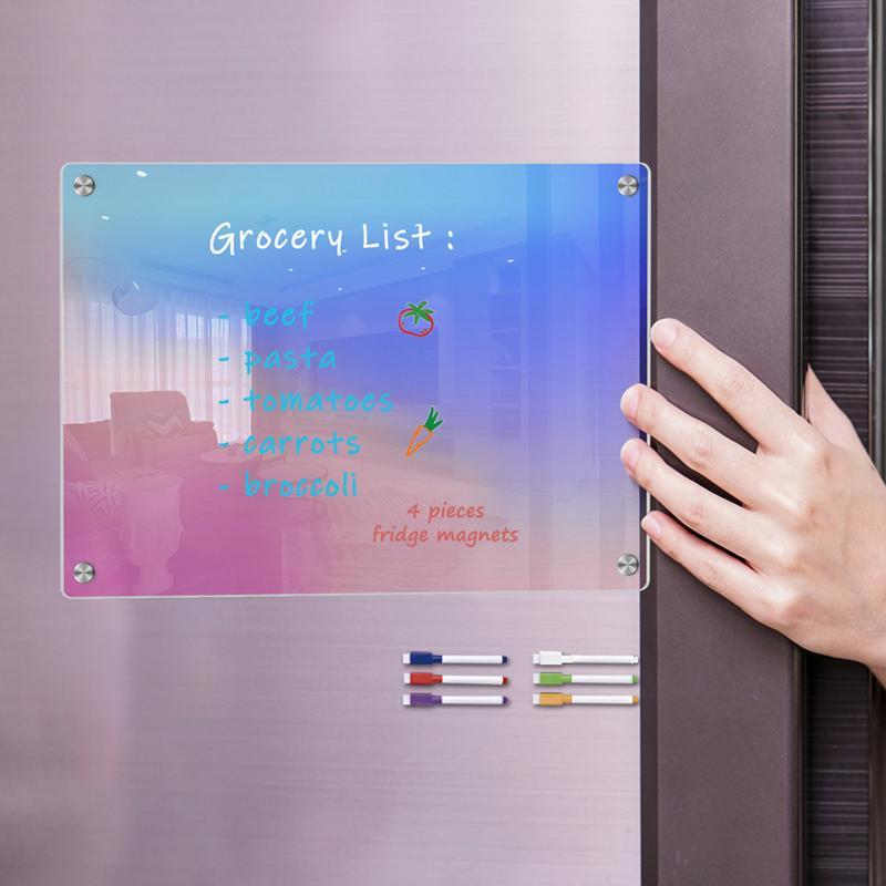 Planejador de geladeira com 6 marcadores, Placa branca acrílica apagável, Planejador decorativo magnético, Memo multifuncional