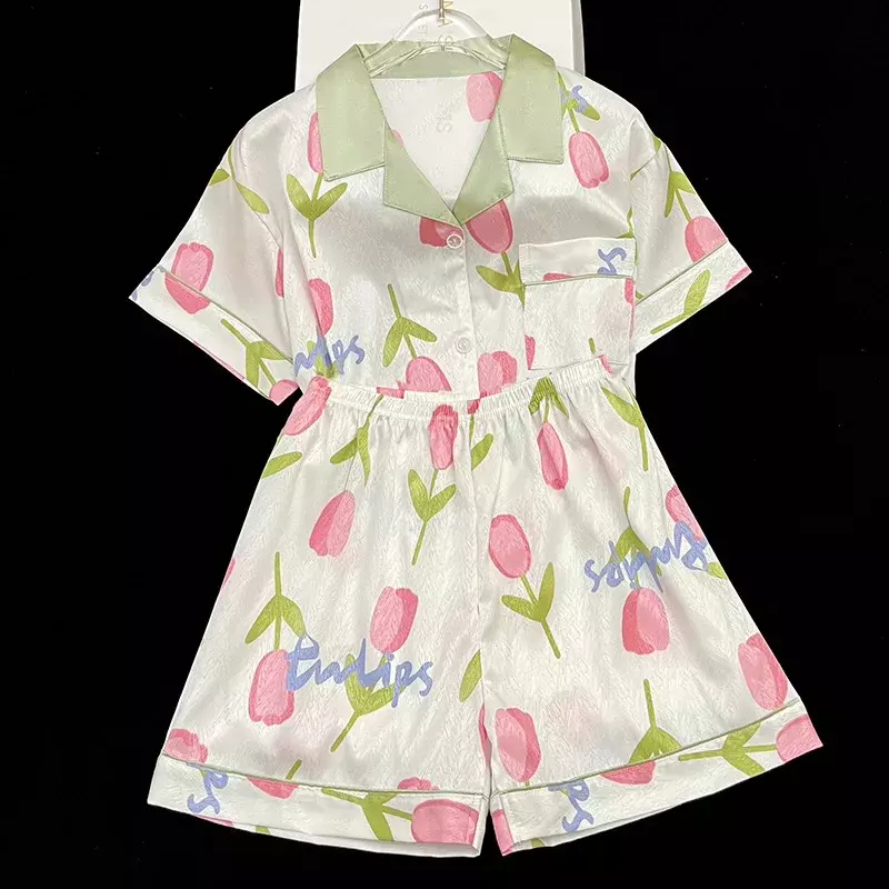 Set pigiama donna estate 2 pezzi stampa floreale pigiama bottoni in raso di seta sintetica pigiameria manica corta Pijama Mujer Pjs Homewear