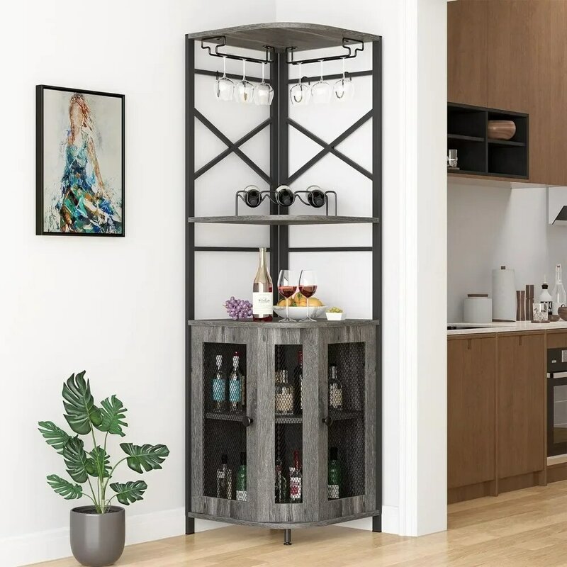 Bar Cabinet with Wine Rack and Glass Rack, Corner Cabinet with Adjustable Shelves, Home Wine Cabinet Bar,