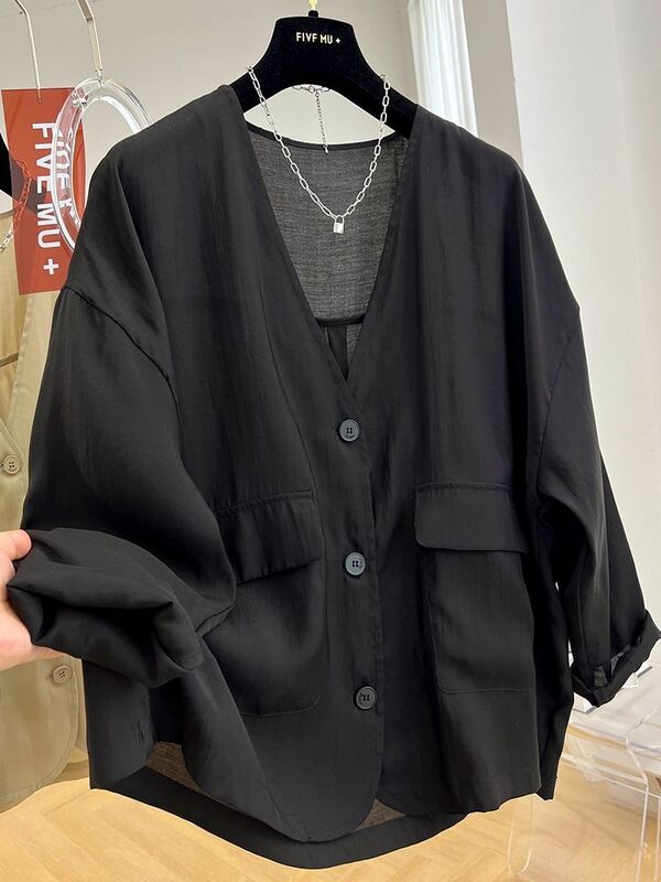 2024 Summer Fashion New Women's V-neck Jacket Loose Commuter Casual Oversize Top Coat
