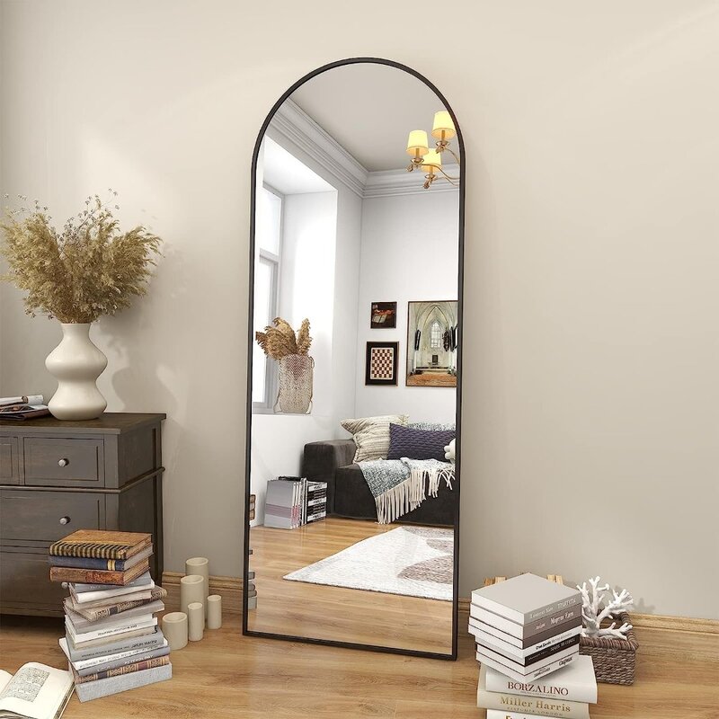 전체 길이 거울 아치 바닥 거울, 벽걸이 또는 기대기 아치형 탑 전신 거울, 침실용 스탠드 포함, 58 인치 x 18 인치
