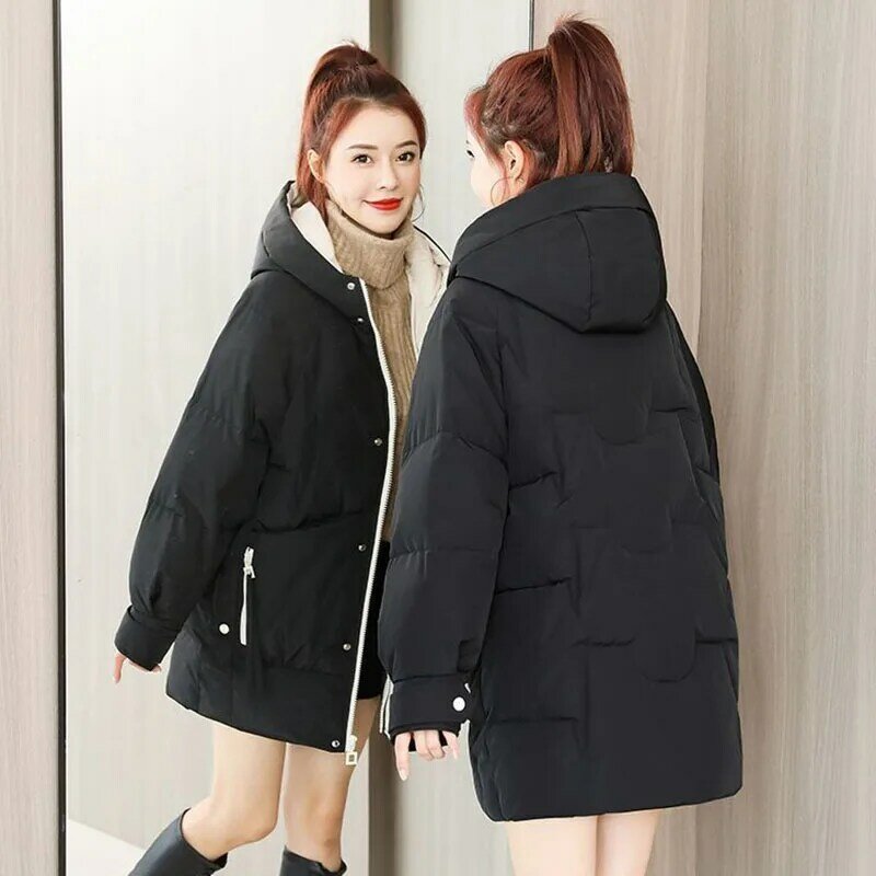 2022 New Down Mid-length Solid Color Hooded Casual Pocket Winter New Women's Loose Down