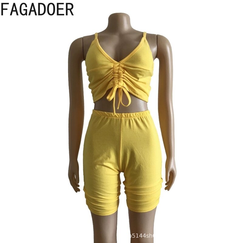 FAGADOER Fashion Solid Drawstring Ruched Outfits Women Deep V Halter Sleeveless Crop Top And Biker Shorts Two Piece Streetwear