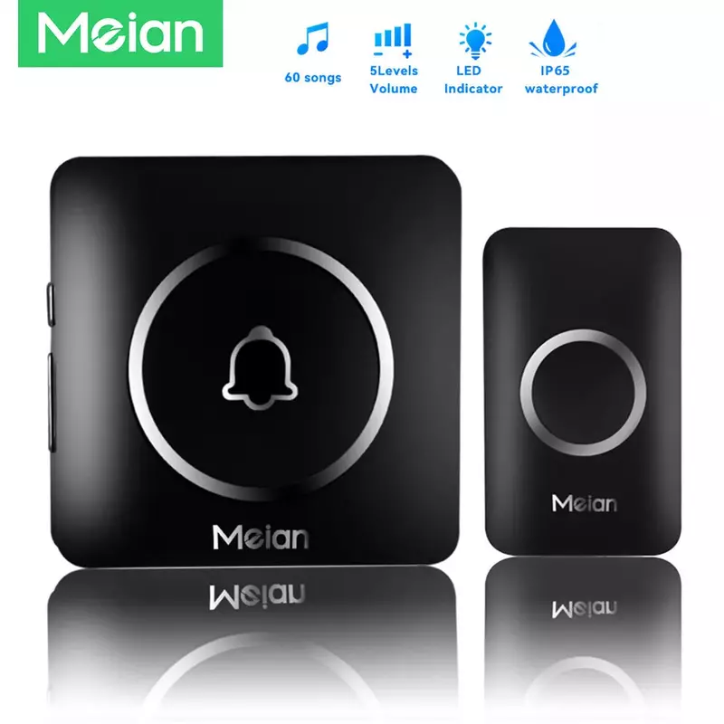 Meian-Outdoor Campainha Sem Fio, Smart Home Bem-vindo Campainha, IP65 Impermeável Porta Bell, Chime Kit, 60 Toque, LED de Alarme Flash