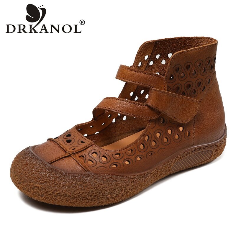 DRKANOL 2024 Luxury Design Summer Shoes Literary Style Genuine Leather Round Toe Hollow Breathable Flat Ankle Boots For Women