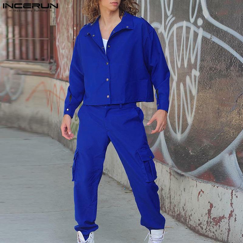 2024 Men Sets Solid Color Streetwear Fashion Lapel Long Sleeve Crop Shirt & Pants Two Pieces Sets Men Casual Suits S-5XL INCERUN