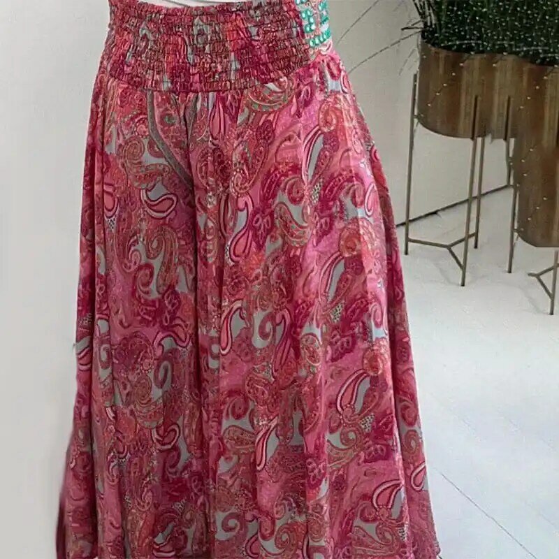 Media falda con estampado étnico de Cachemira para mujer, pantalones ligeros con cintura elástica de retazos, dobladillo suelto, falda informal para vacaciones